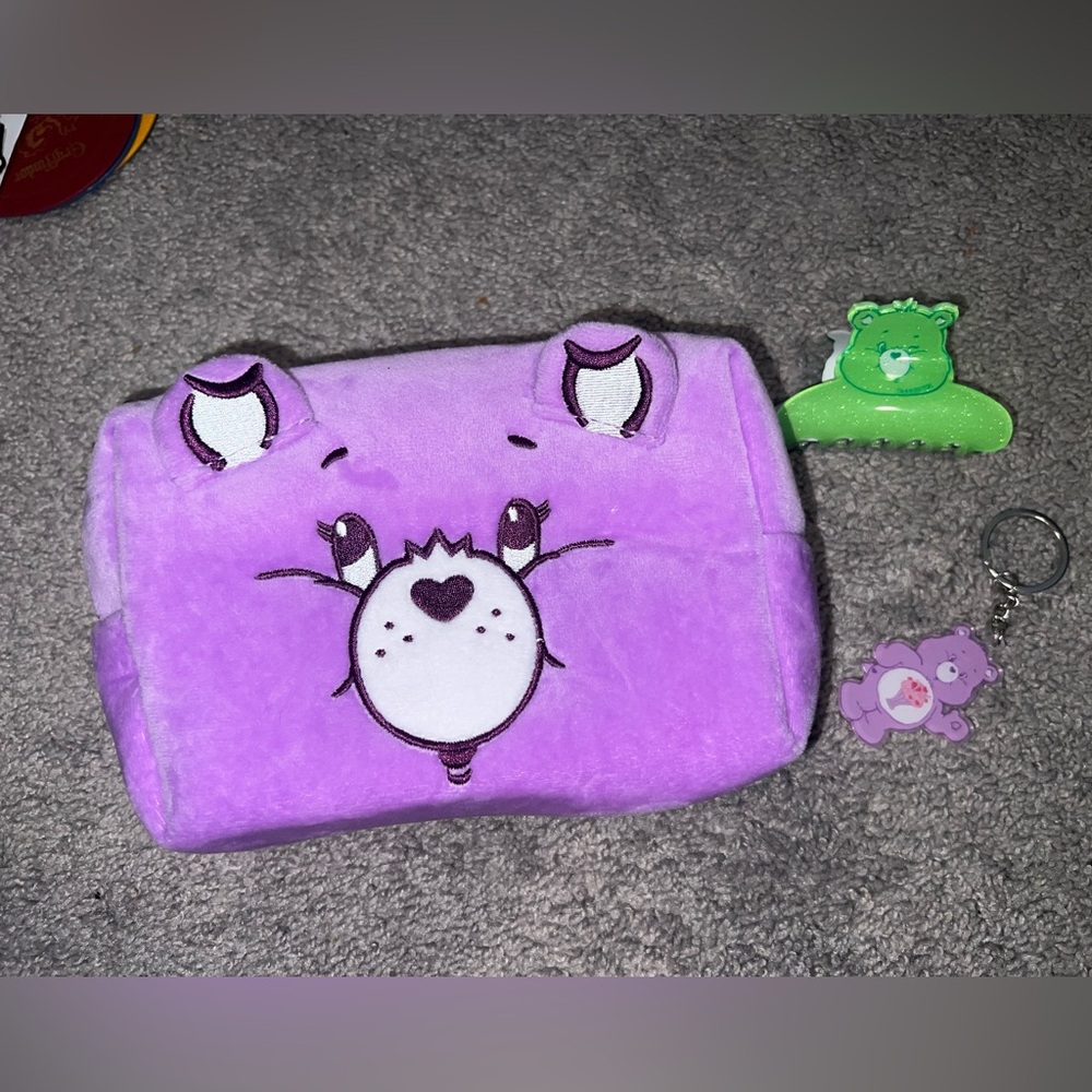 Purple Care Bear Plush Cosmetic Bag with Keychain and Hair Clip